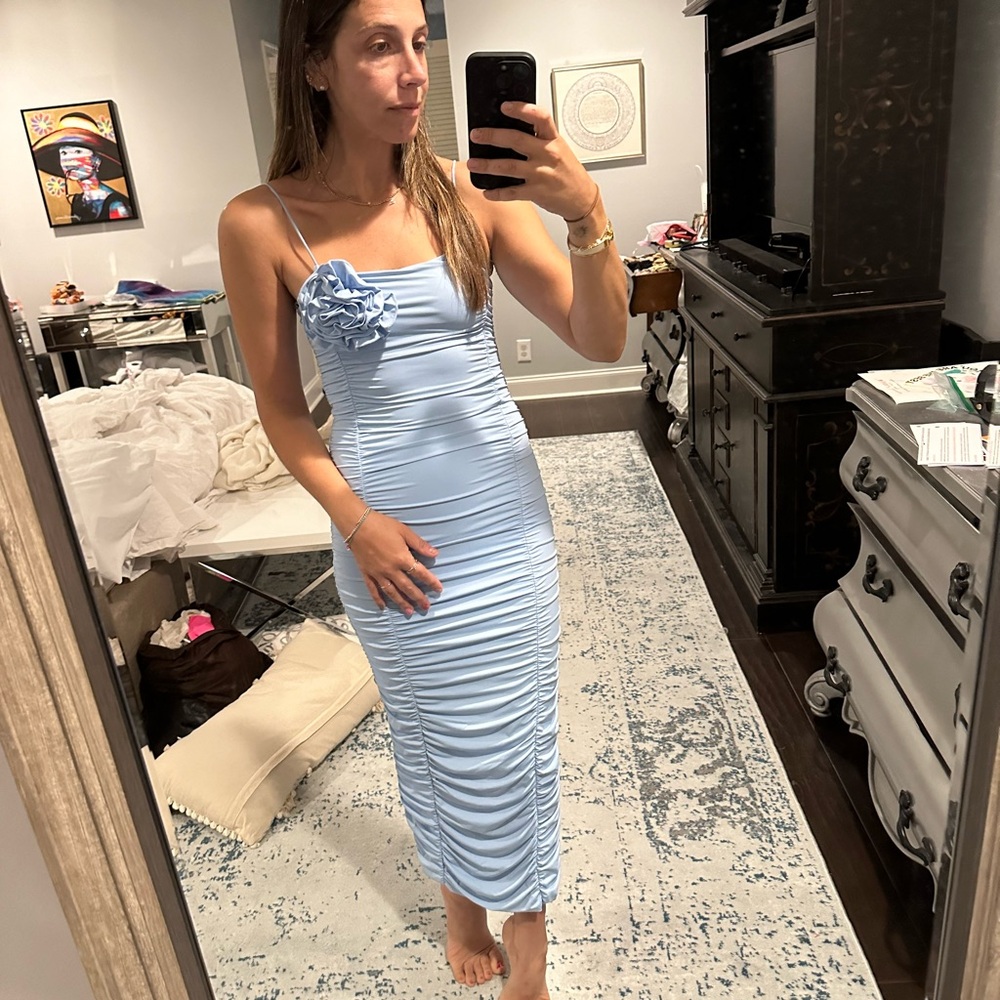 Zara Blue Bodycon Midi Dress with Spaghetti Straps